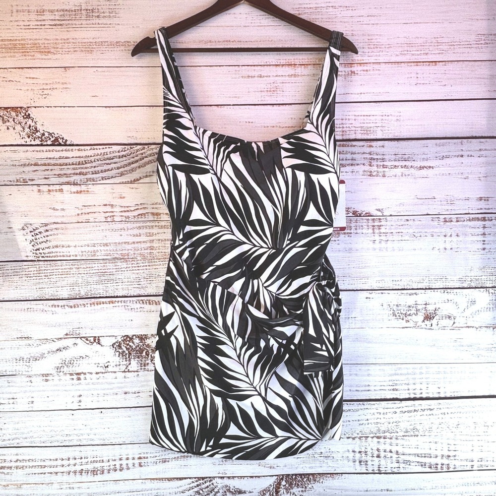 Swim Dress Anne Cole XL Black White Nylon Spandex Tropical‎ Palm Leaf Aesthetic